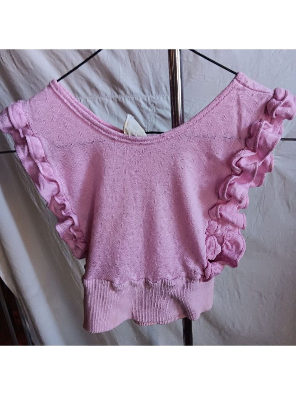 True Vintage Crop Top Girls 12 1970's Pink Ruffled Knit Textured Diamond Pattern